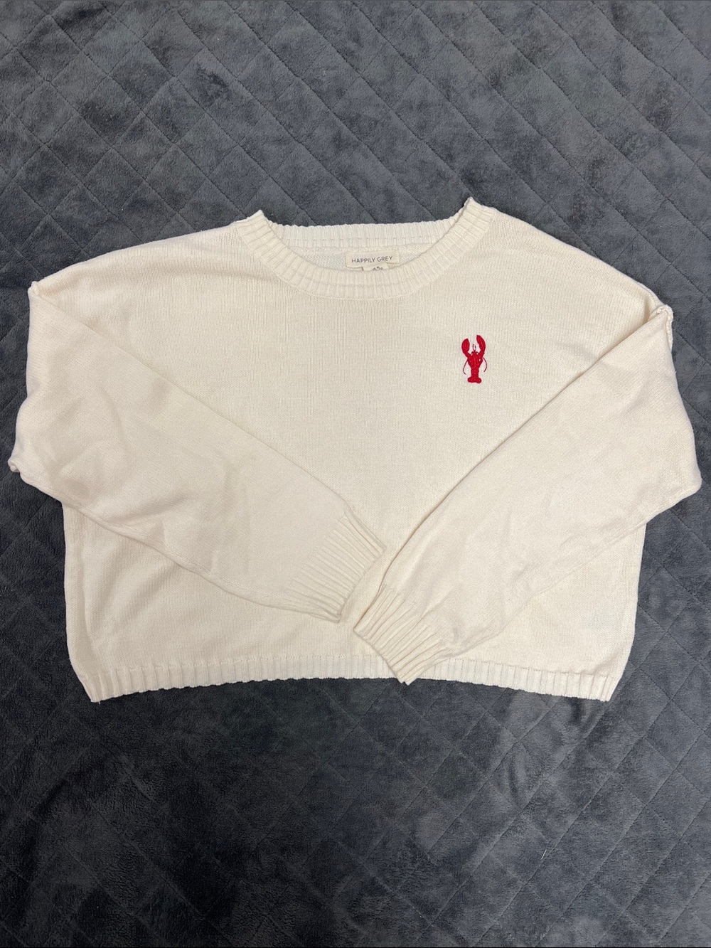Cream Crewneck Sweater with Red Lobster Embroidery
